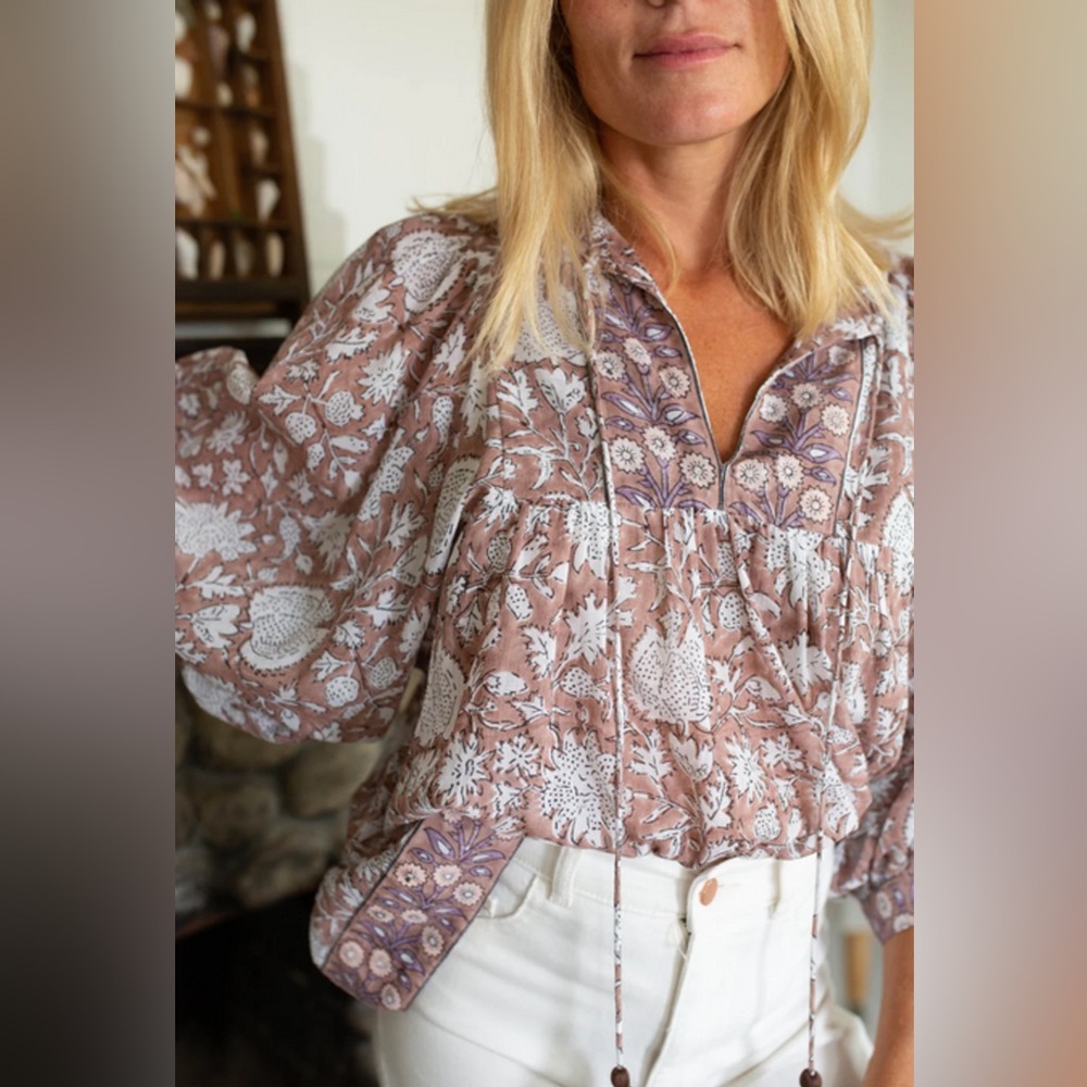 Marea Boho Floral Blouse Tassel Tie Top Size Medium